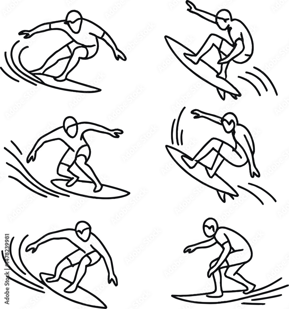 Surfing silhouettes icons set – simple, dynamic and athletic symbols collection Surfing silhouettes icons set – simple, dynamic and athletic symbols collection