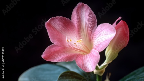 Close-up of a delicate pink flower with a bud, against a dark background.