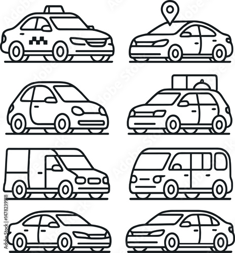 City transportation icons set – line, urban transit and vehicle symbols for design