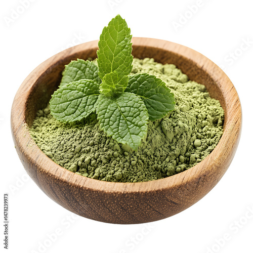 Obraz na płótnie Lemon balm powder in a wood bowl isolated on a white background
w salonie