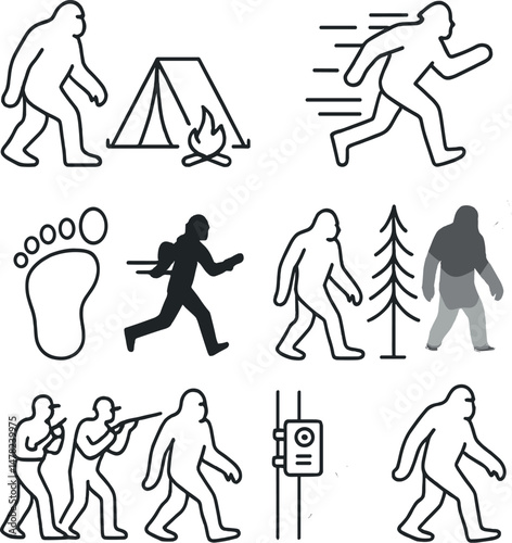 Bigfoot silhouette icons set – outline, mythical and cryptid creature symbols