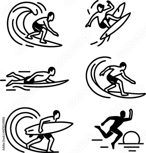 Dynamic surfing icons set – silhouette, surfer, wave designs for beach enthusiasts