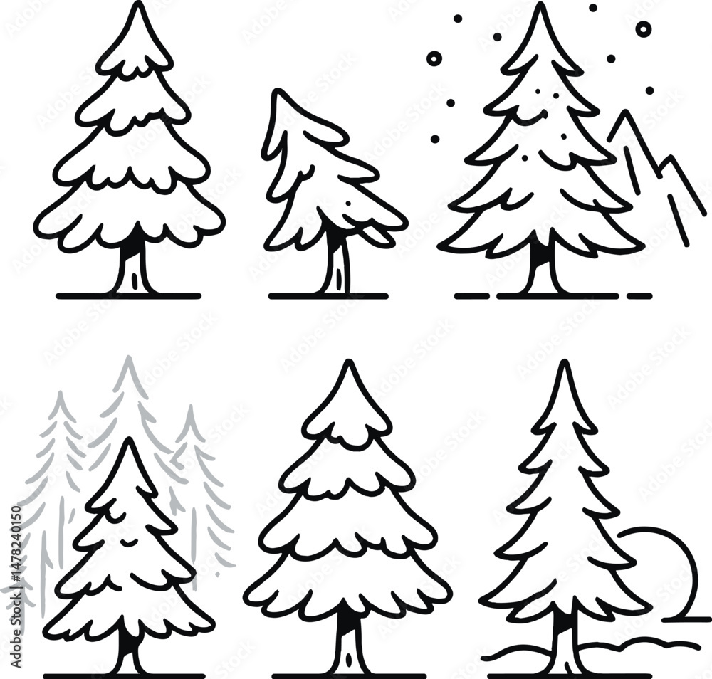 Obraz premium Winter pine silhouette icons set – simple, nature and tree symbols