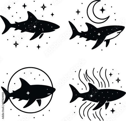 Shark icons set – silhouette, cosmic and ocean-themed aesthetic motifs