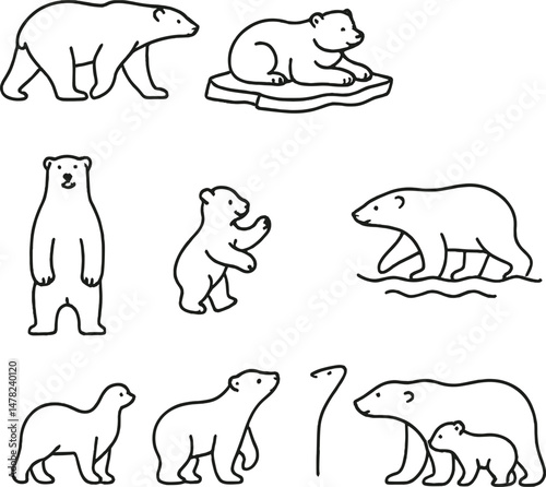 Polar bear silhouettes icons set – simple, wildlife and animal graphics