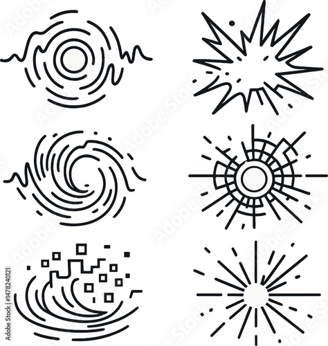 Futuristic energy explosions icons set – outline, dynamic and powerful symbols