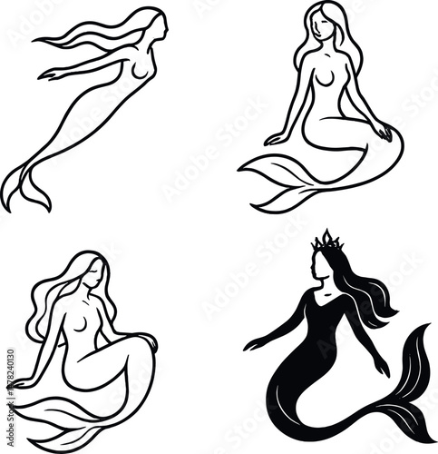 Mermaid silhouettes icons set – silhouette, graceful and elegant sea maidens