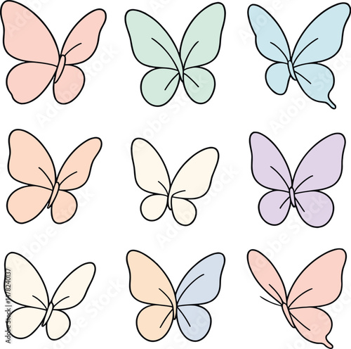 Pastel butterfly icon set – silhouette, delicate and simple design elements
