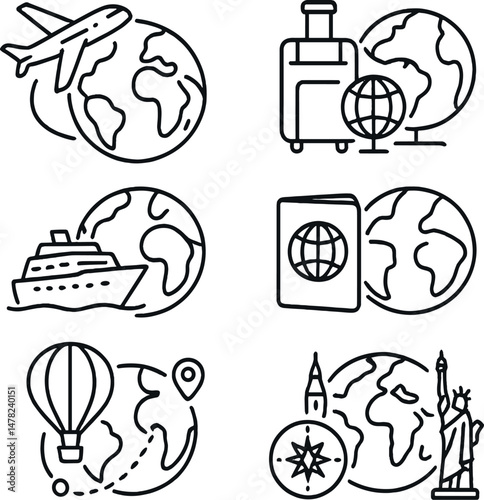 Travel and adventure icons set – outline, vacation and journey symbols for apps