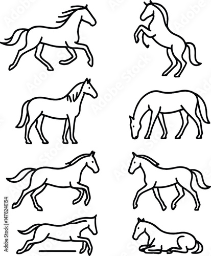 Horse silhouettes icons set – simple, animal and equestrian symbols