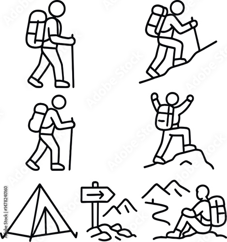 Classic hiking icons set – silhouette, trekking and outdoor adventure symbols