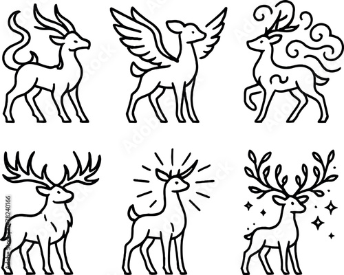 Fantasy deer icons set – silhouette, mythical creatures and magical symbols
