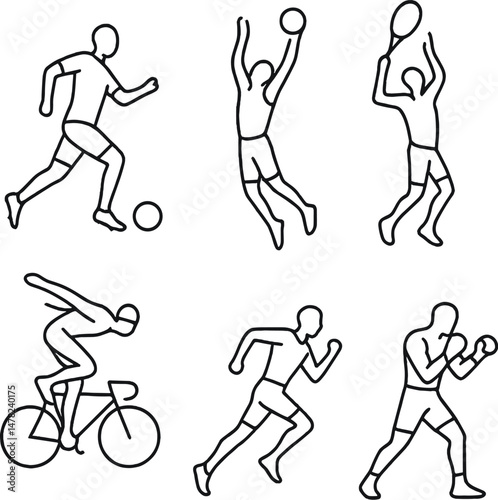 Sporty silhouettes icons set – simple, athletic and fitness graphic symbols