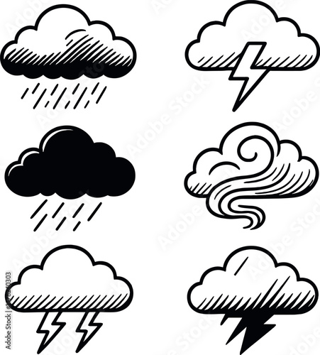 Stormy cloud icons set – silhouette, weather, thunderstorm and atmospheric symbols