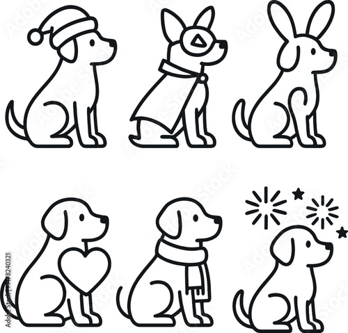 Holiday dog silhouettes icons set – simple, pet and festive shapes for celebrations