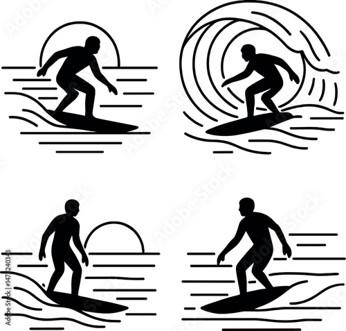 Surfing adventure icons set – silhouette, beach, wave and sunset elements