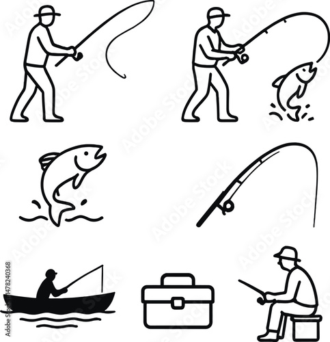 Classic fishing silhouette icons set – simple, angling and fish-catching graphics
