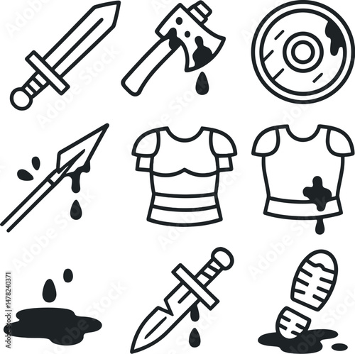 Battlefield icons set – silhouette, combat and blood-themed warrior symbols