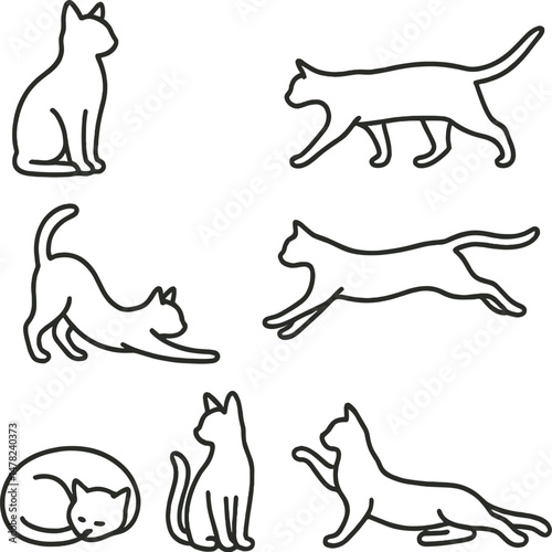 Classic cat icons set – silhouette, simple feline figures and minimalist kitty designs