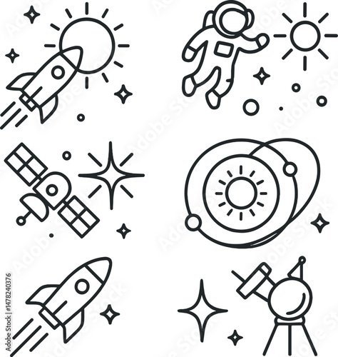 Cosmic exploration line icons set – astronomy, space travel and universe symbols