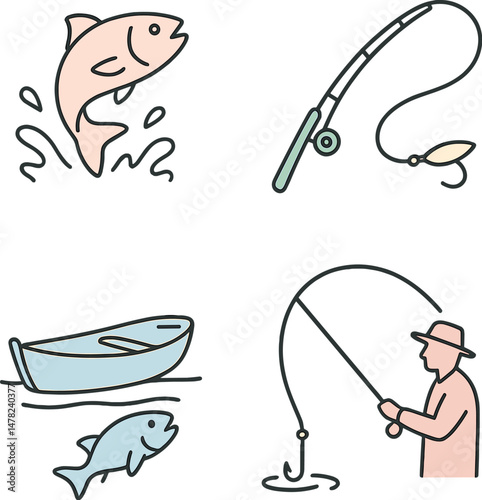Fishing icons set – silhouette, dreamy aquatic and angling symbols