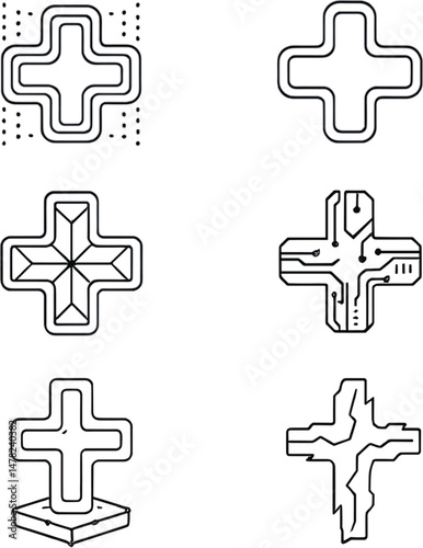 Futuristic cross icons set – outline, modern and minimalist emblem designs