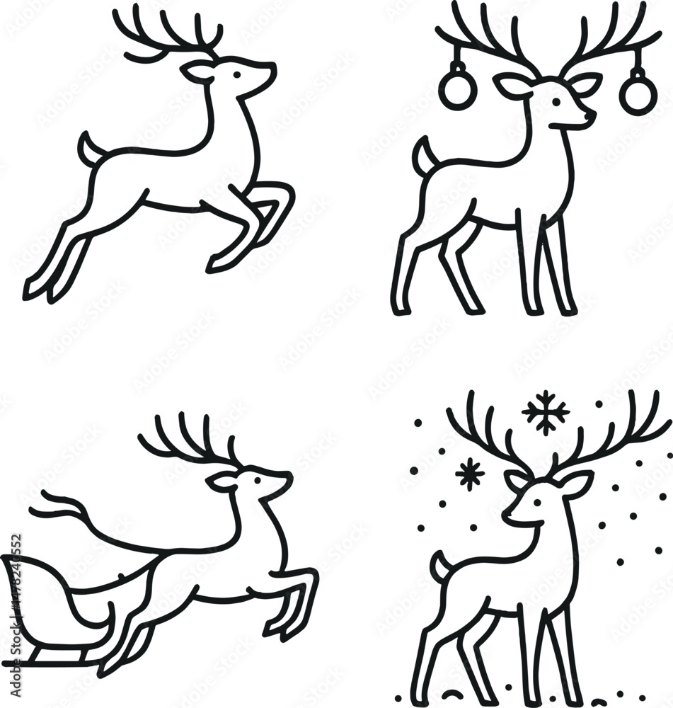 Fototapeta premium Festive deer silhouettes icons set – simple, holiday and christmas design elements