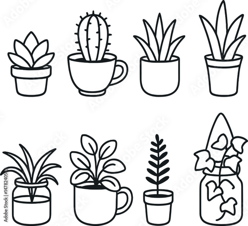 Cute desk plants icons set - outline, simple and minimal botanical graphics