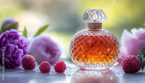 Premium perfume bottle covered in dew drops. Luxury fragrance marketing, product photography and beauty blogs. Luxury cosmetic markets