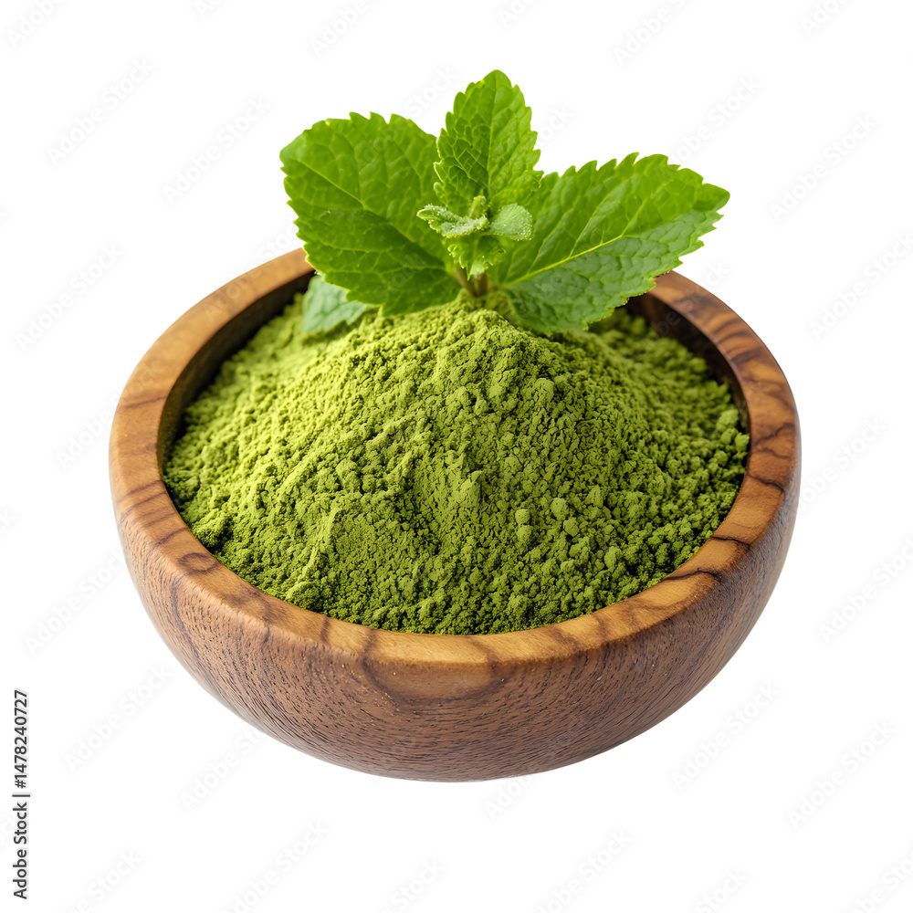 Lemon balm powder in a wood bowl isolated on a white background