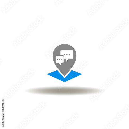 Vector illustration of location place marker with speech bubbles. Symbol of productive dialogue. Icon of seminar, meeting place. Sign of online consultation.