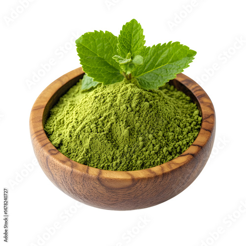 Obraz na płótnie Lemon balm powder in a wood bowl isolated on a white background
w salonie