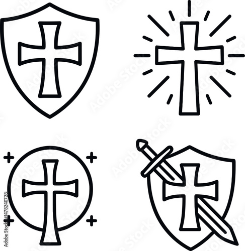 Protective cross symbols icons set – outline, defense, safety emblems