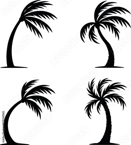 Stormy palm trees icons set – silhouette, nature and tropical symbols for designs