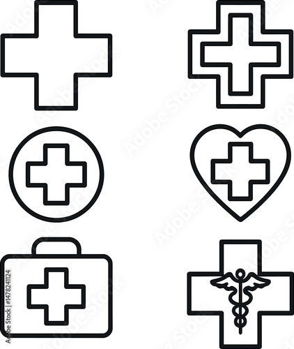 Medical crosses icons set – outline, healthcare and simple design symbols