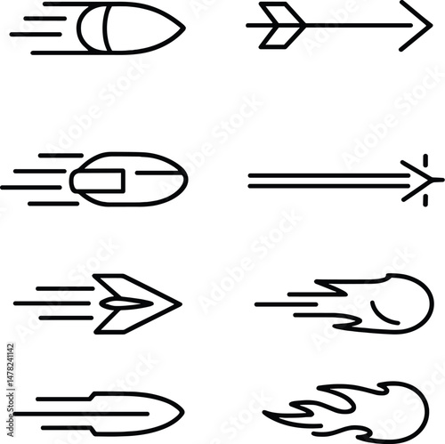 Speedy projectiles icons set – outline, arrows and bullets, fast motion symbols