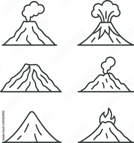 Volcanic silhouettes icons set – simple, eruption and lava symbols