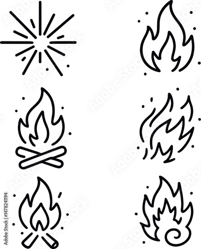 Fire and sparks icons set – minimalist, outline and simple flame symbols