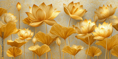 Golden lotus flowers with tall stems and textured leaves in artistic 3D decorative floral design
