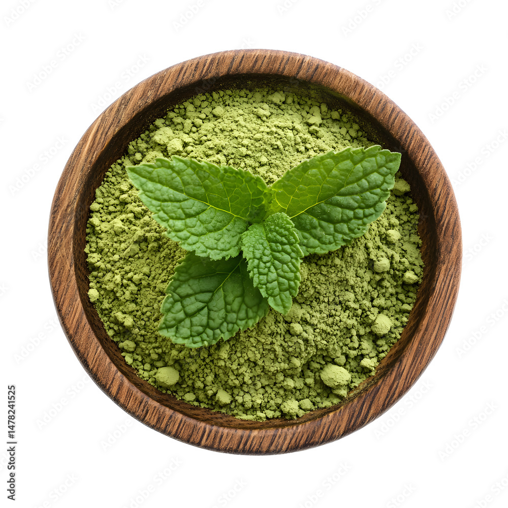 Lemon balm powder in a wood bowl isolated on a white background