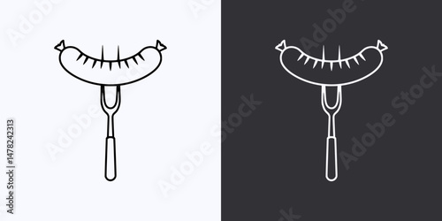 Sausage on Fork Icon – Vector Outline – Black and White Preview