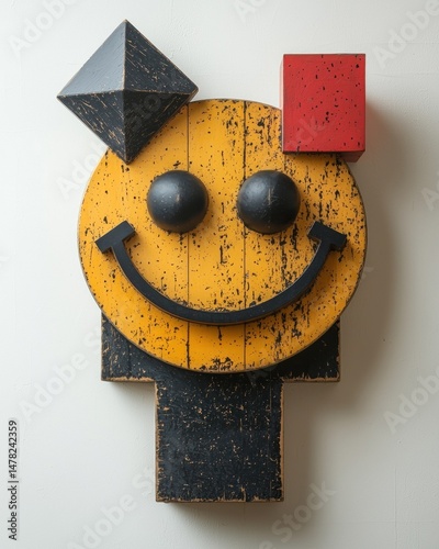 Geometric art with weathered yellow circle, black eyes, and a red cube