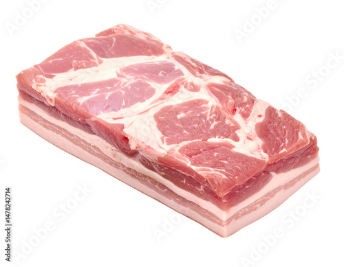 Raw pork belly close-up, pink meat/white fat layers, skin on top, white background or png, ready to cook.