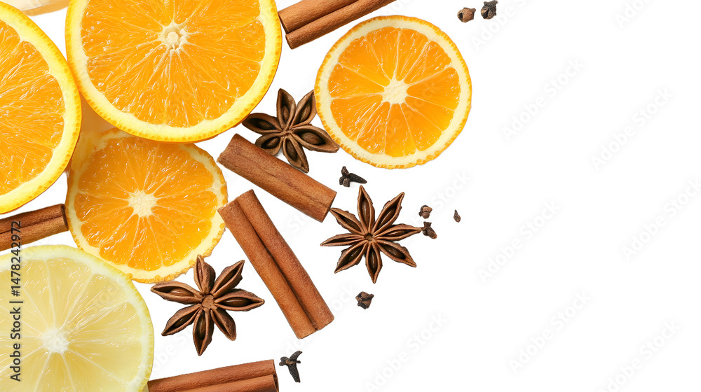 Close-up macro photography of aromatic sweet spices - cinnamon, star anise and cloves, wooden surface