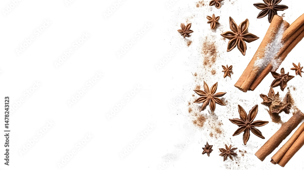 Close-up macro photography of aromatic sweet spices - cinnamon, star anise and cloves, wooden surface