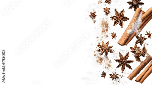 Close-up macro photography of aromatic sweet spices - cinnamon, star anise and cloves, wooden surface
