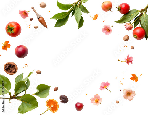 Fresh fruits and flowers arranged in circular pattern