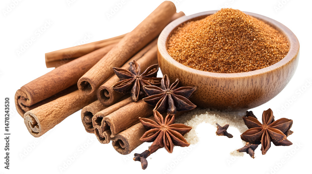 Close-up macro photography of aromatic sweet spices - cinnamon, star anise and cloves, wooden surface