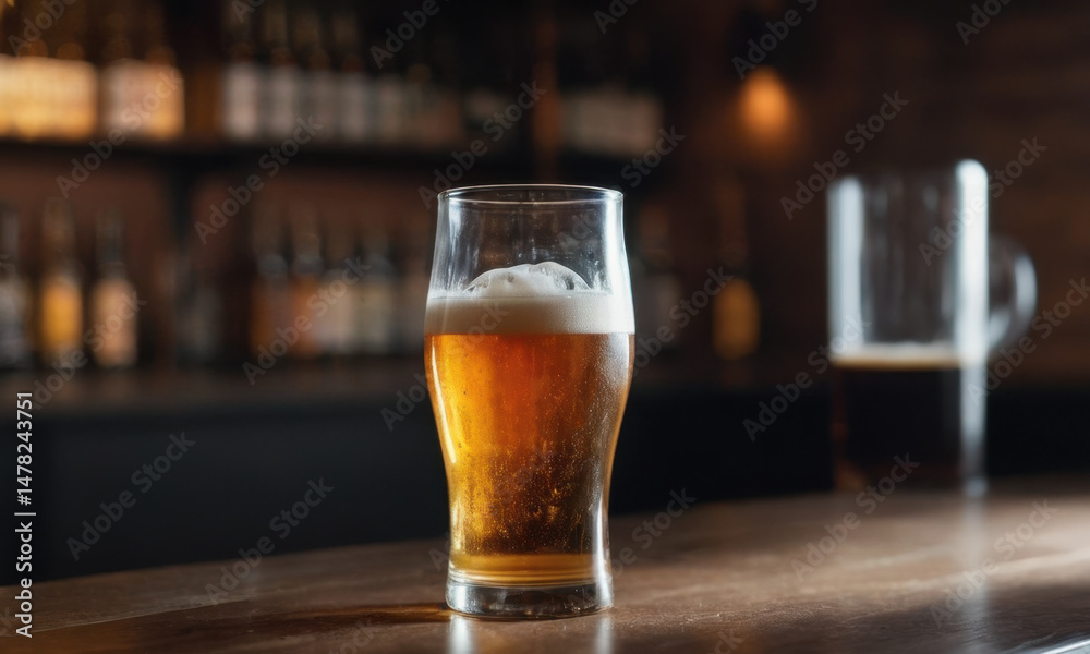 A glass of beer sits atop a wooden table, perfect for a cozy evening or outdoor gathering A glass of beer sits atop a wooden table, perfect for a cozy evening or outdoor gathering