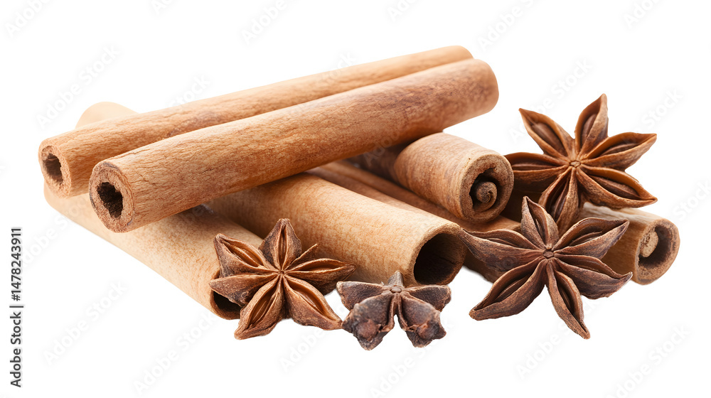 Close-up macro photography of aromatic sweet spices - cinnamon, star anise and cloves, wooden surface